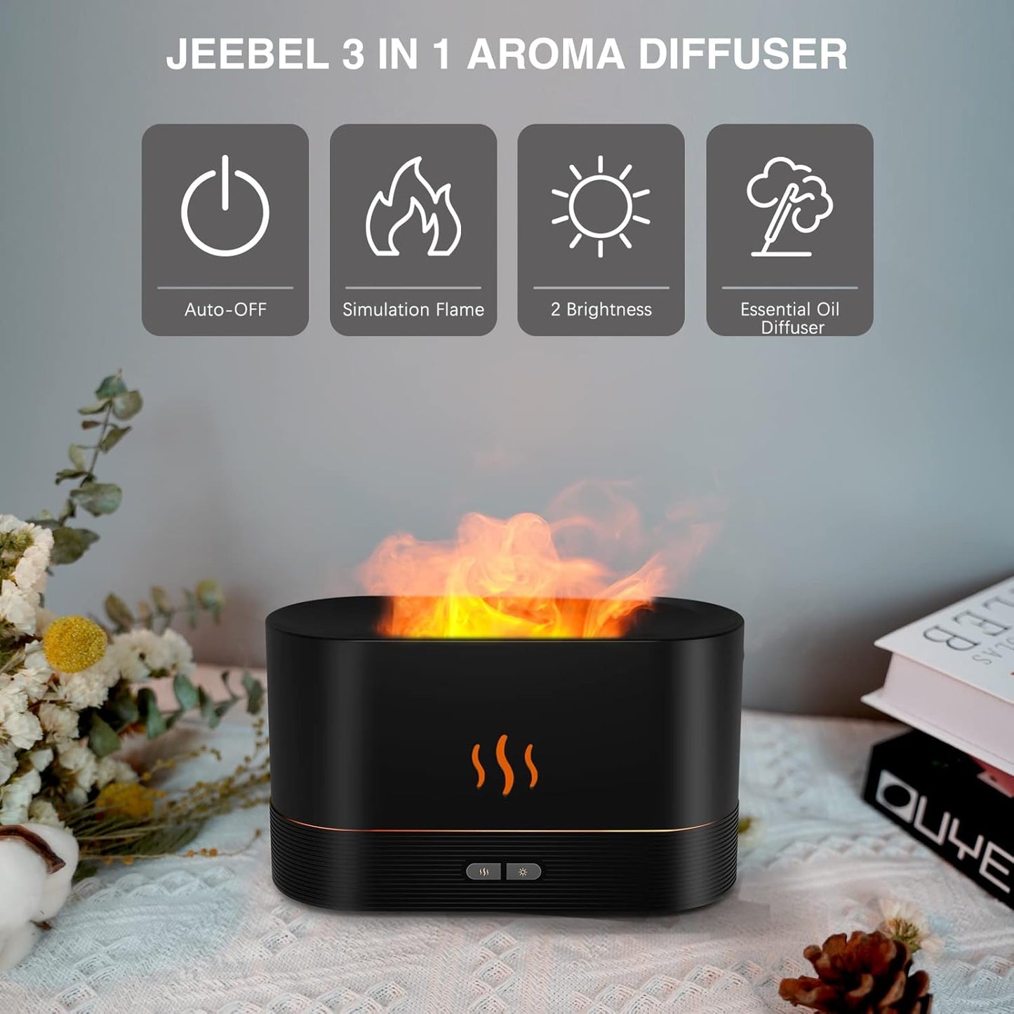 Jeebel Aroma Diffuser Mit Flammen Effekt - Diffusor Für Ätherische Öle Mit Ultraschall Vernebler, Wasserlose Abschaltautomatik - 180Ml Mini Luftbefeuchter Für Aromatherapie Im Schlafzimmer, Büro