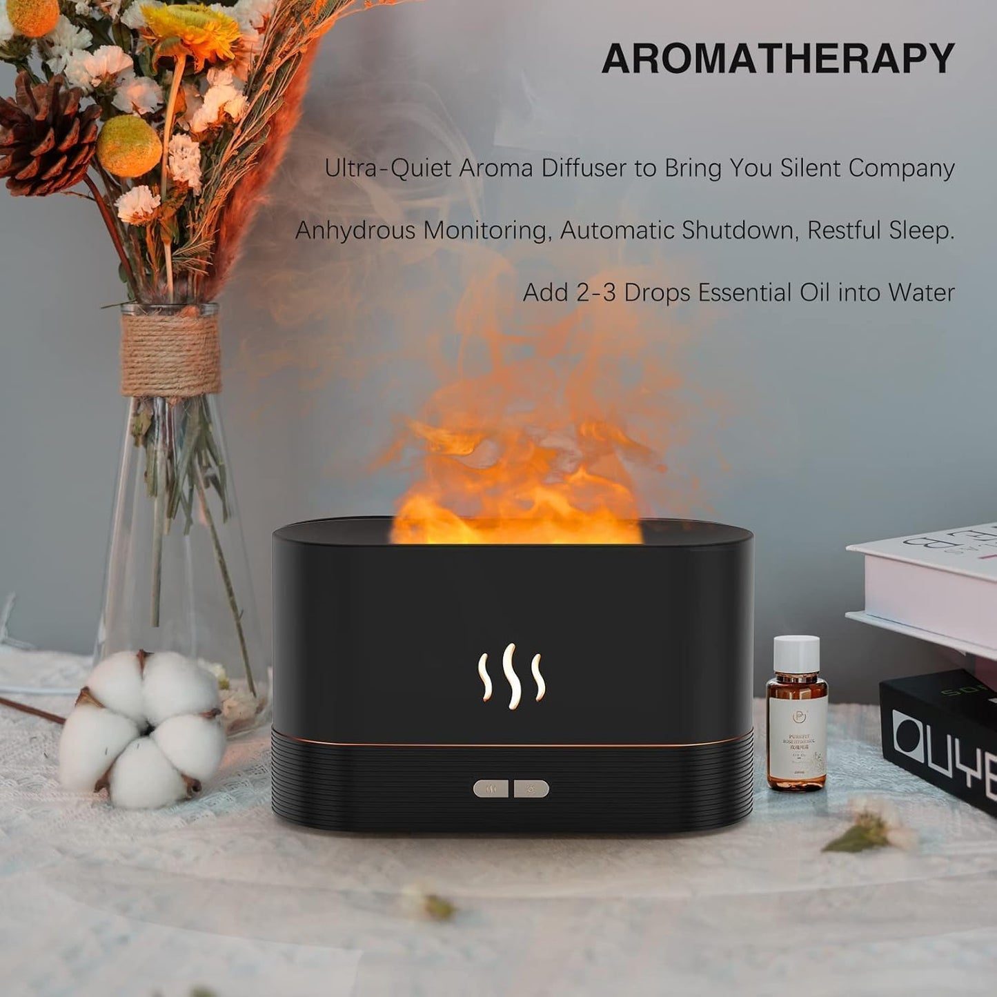 Jeebel Aroma Diffuser Mit Flammen Effekt - Diffusor Für Ätherische Öle Mit Ultraschall Vernebler, Wasserlose Abschaltautomatik - 180Ml Mini Luftbefeuchter Für Aromatherapie Im Schlafzimmer, Büro