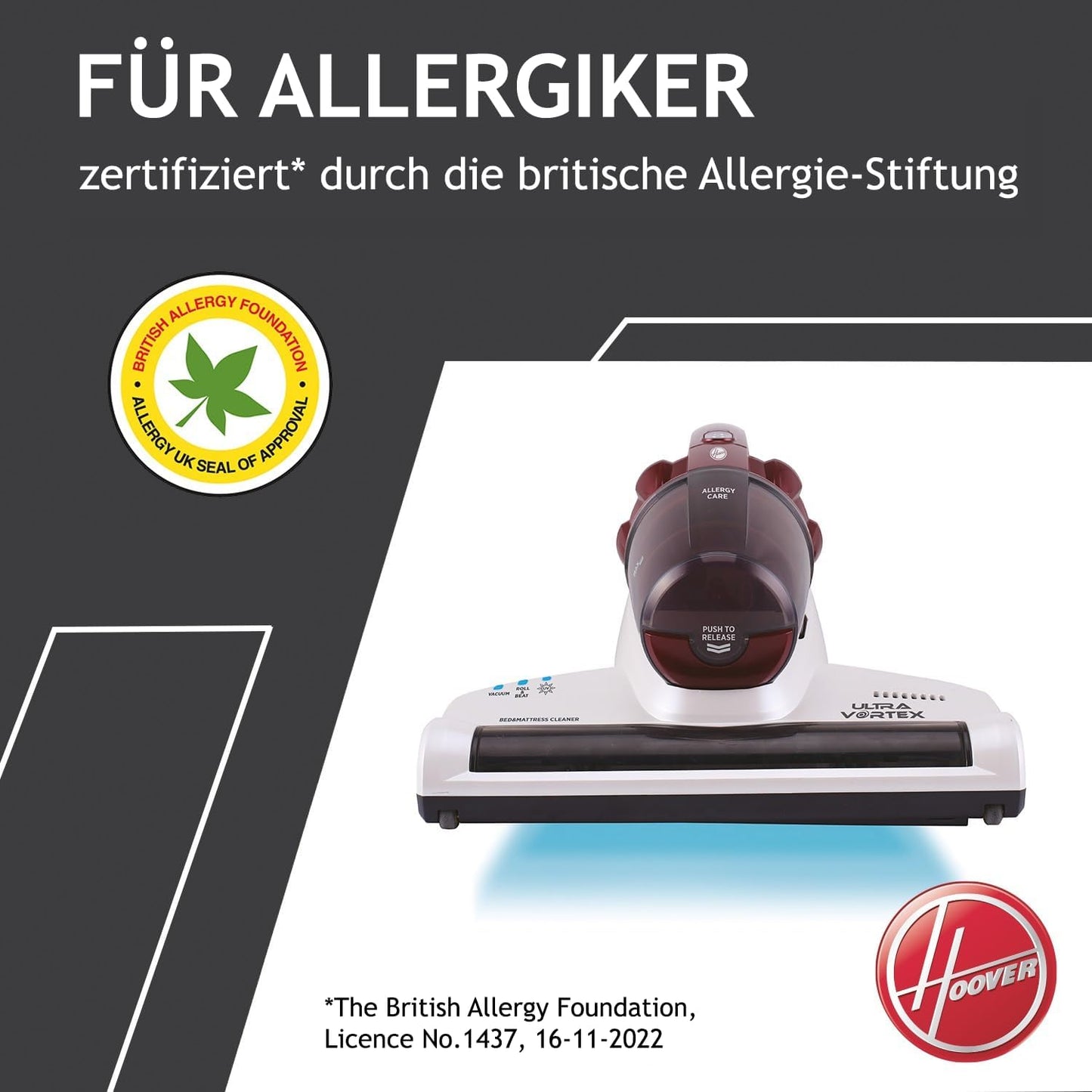 Hoover Ultra Vortex Milbensauger Mit Uv-Licht, Bekämpft Bettwanzen – Polsterreiniger Entfernt 99,9% Bakterien, Allergene, Staub-Milben – Matratzenreiniger Für Hygienische Reinigung, Für Allergiker