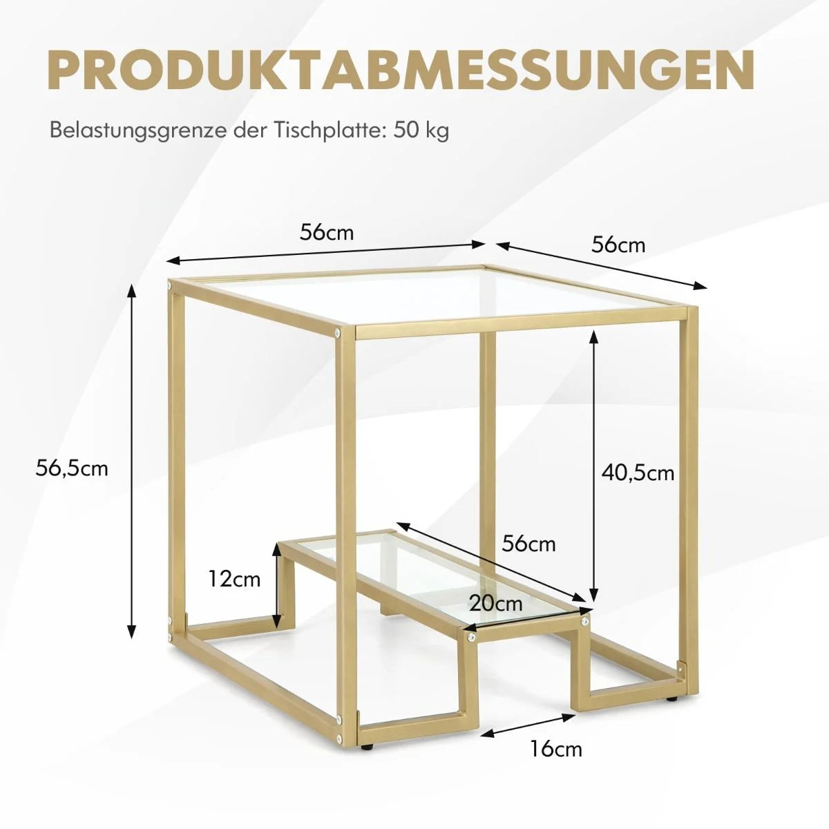 Beistelltisch Mit Glas Tischplatte & Metallrahmen Quadratisch 56 X 56 X 56,5 Cm Gold