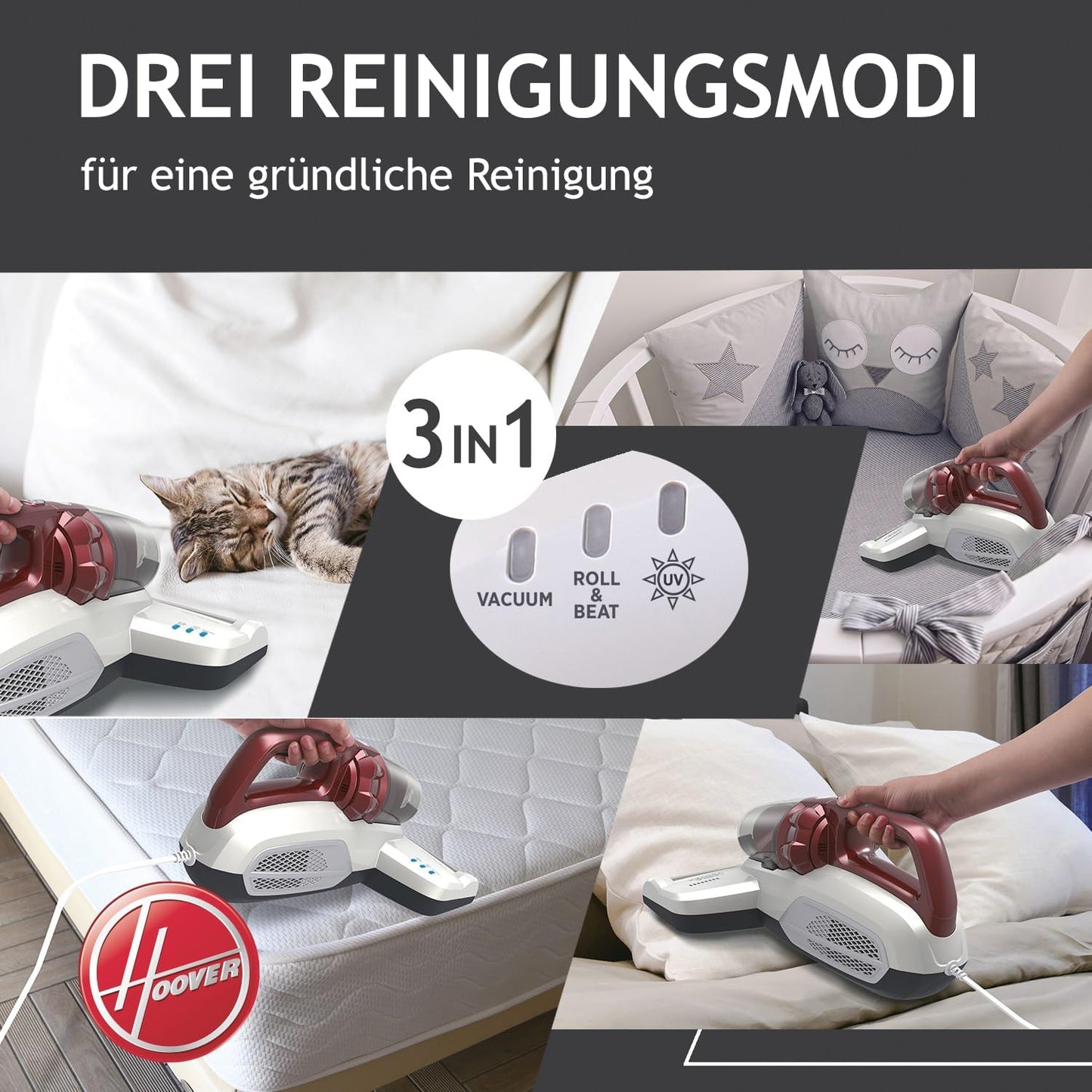 Hoover Ultra Vortex Milbensauger Mit Uv-Licht, Bekämpft Bettwanzen – Polsterreiniger Entfernt 99,9% Bakterien, Allergene, Staub-Milben – Matratzenreiniger Für Hygienische Reinigung, Für Allergiker