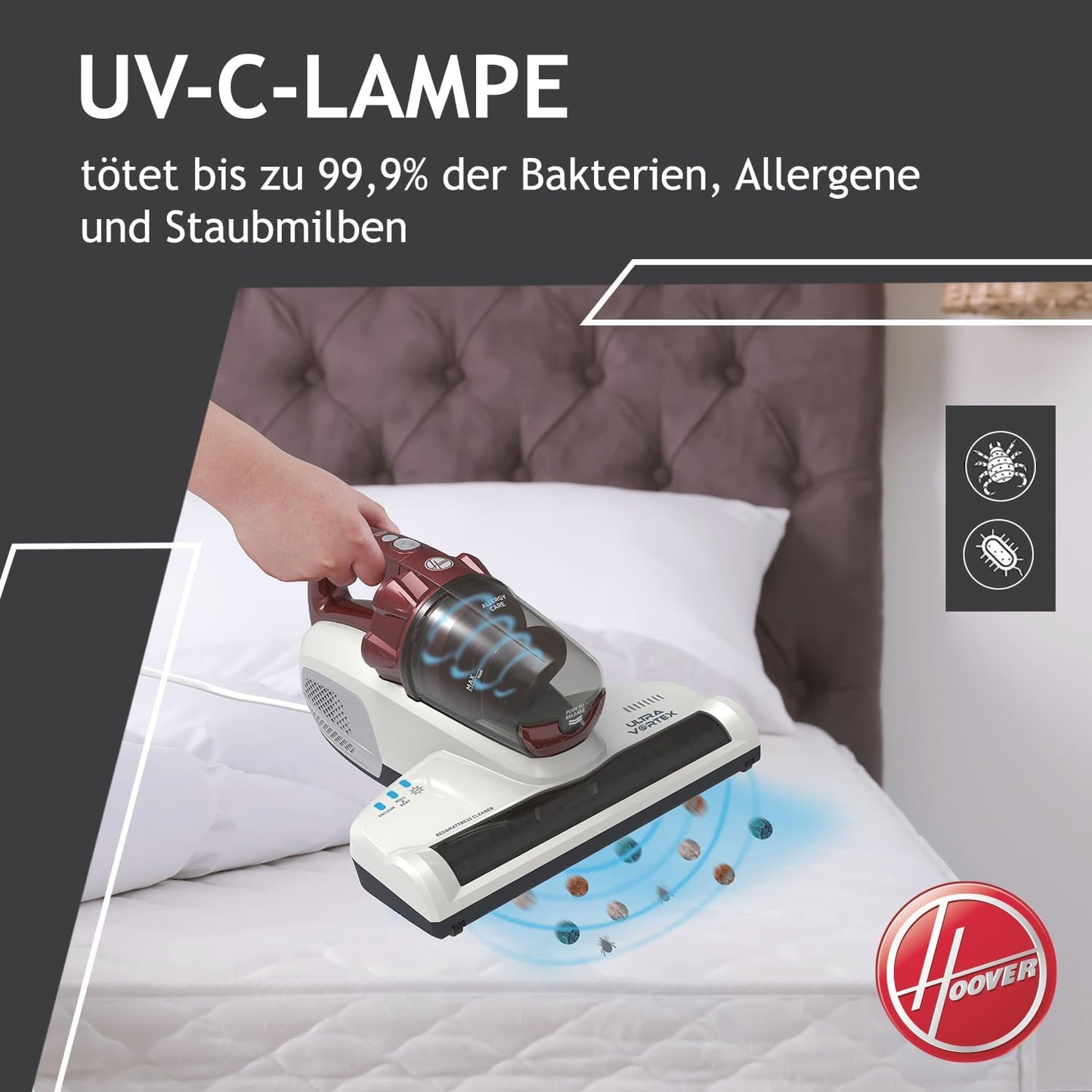 Hoover Ultra Vortex Milbensauger Mit Uv-Licht, Bekämpft Bettwanzen – Polsterreiniger Entfernt 99,9% Bakterien, Allergene, Staub-Milben – Matratzenreiniger Für Hygienische Reinigung, Für Allergiker