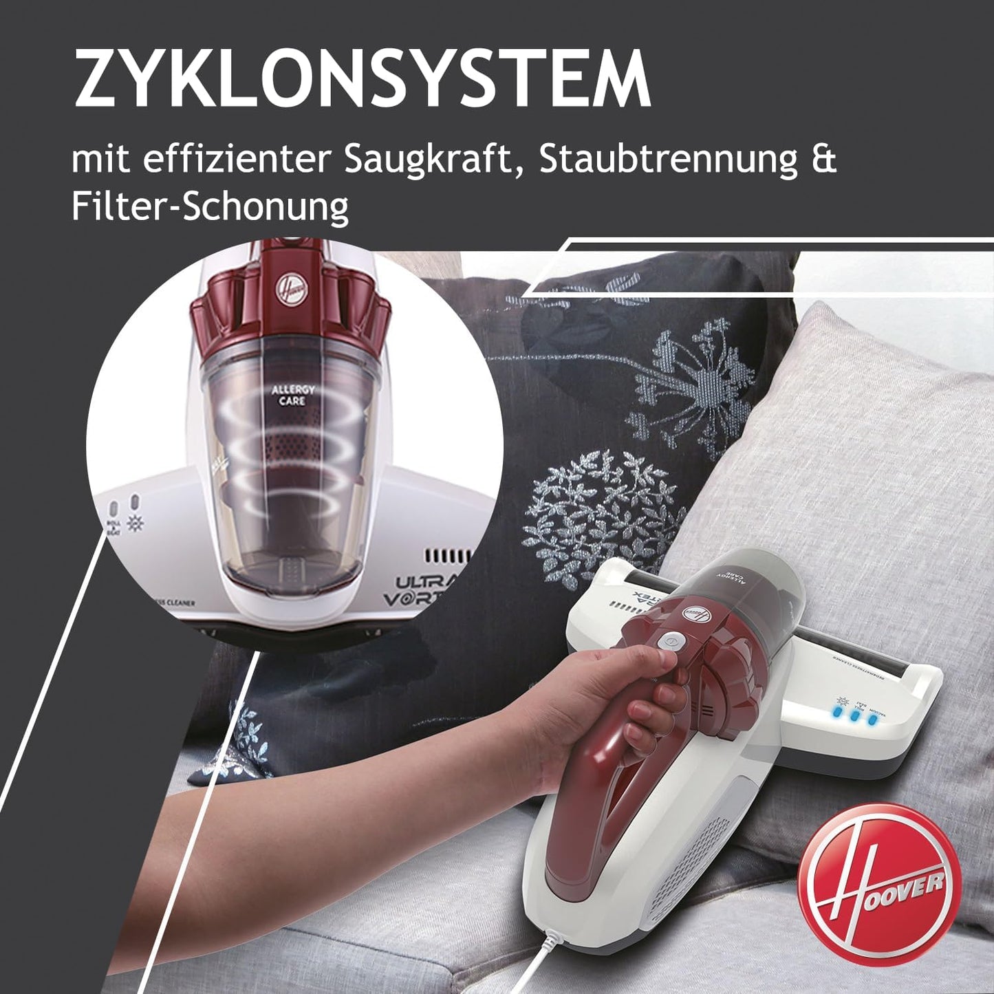 Hoover Ultra Vortex Milbensauger Mit Uv-Licht, Bekämpft Bettwanzen – Polsterreiniger Entfernt 99,9% Bakterien, Allergene, Staub-Milben – Matratzenreiniger Für Hygienische Reinigung, Für Allergiker