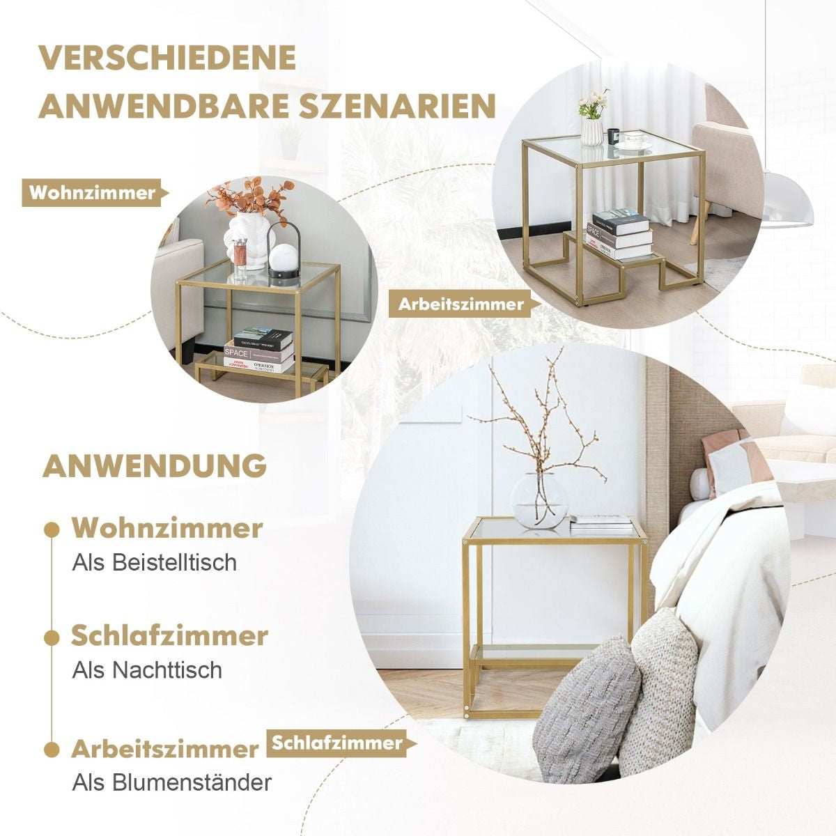 Beistelltisch Mit Glas Tischplatte & Metallrahmen Quadratisch 56 X 56 X 56,5 Cm Gold