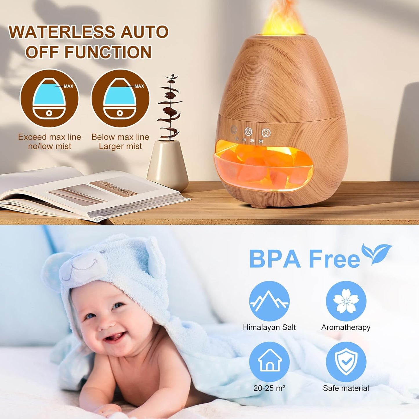2-In-1 Aroma Diffuser & Salt Range Pakistan Leuchte, Aroma Diffuser Mit Flammen Effekt, 200 Ml Befeuchter, Diffusor Für Ätherische Öle, Aromatherapie Düfte Luftbefeuchter Mit 2-Helligkeit