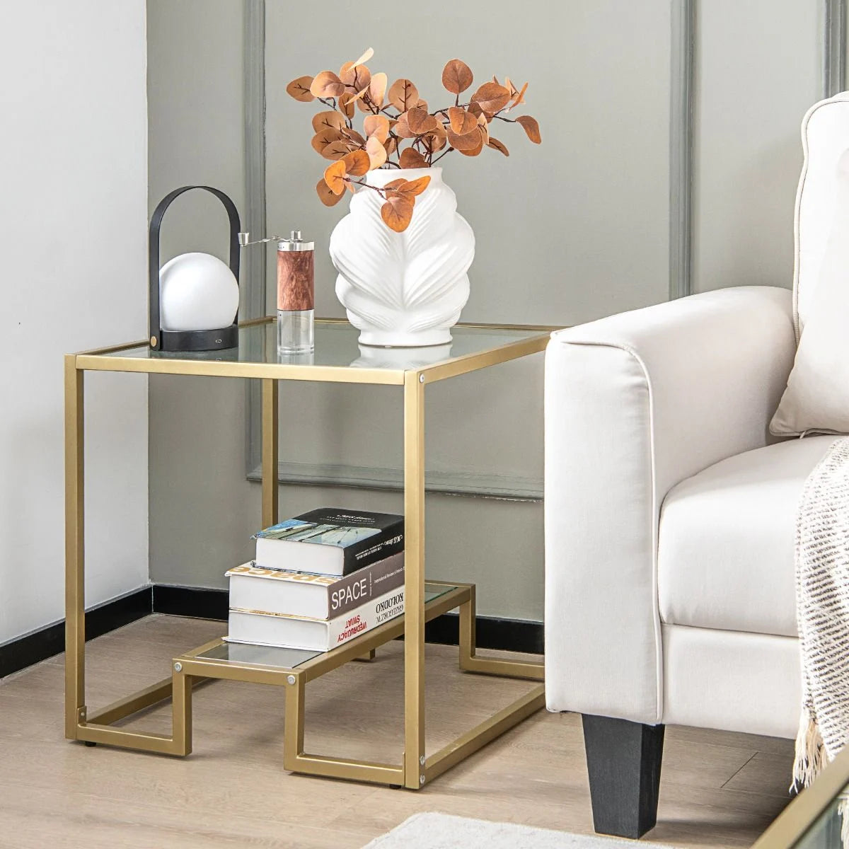 Beistelltisch Mit Glas Tischplatte & Metallrahmen Quadratisch 56 X 56 X 56,5 Cm Gold