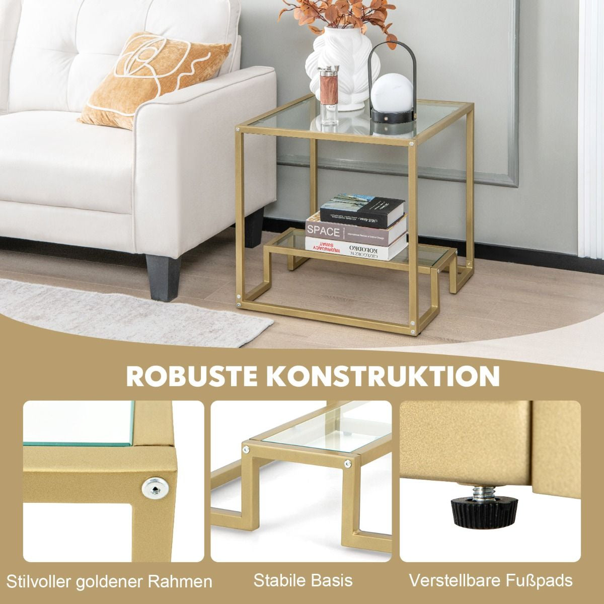 Beistelltisch Mit Glas Tischplatte & Metallrahmen Quadratisch 56 X 56 X 56,5 Cm Gold