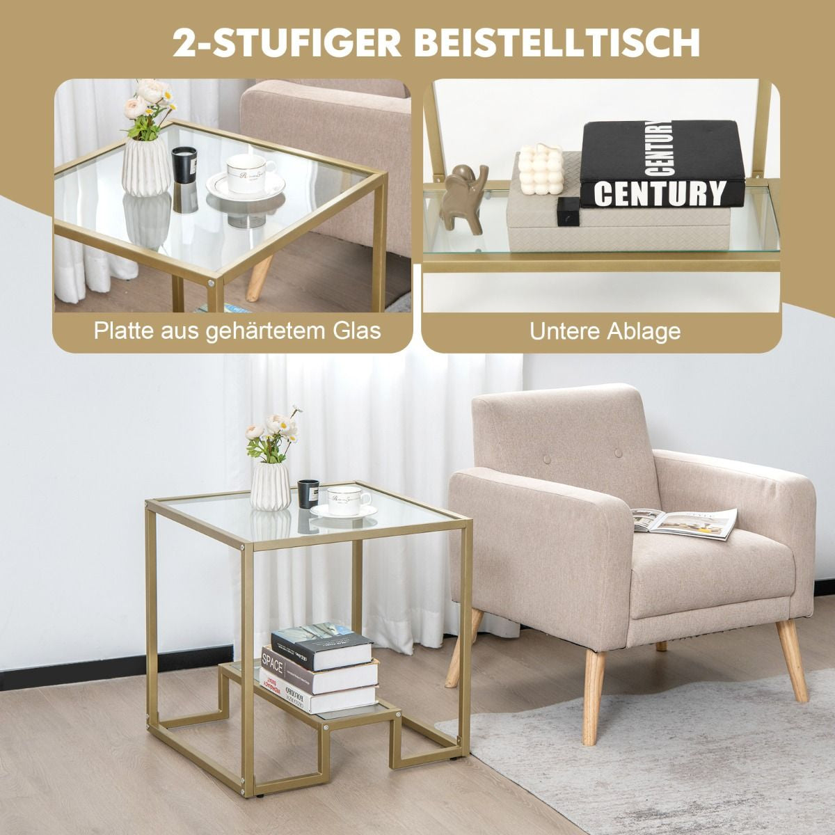 Beistelltisch Mit Glas Tischplatte & Metallrahmen Quadratisch 56 X 56 X 56,5 Cm Gold