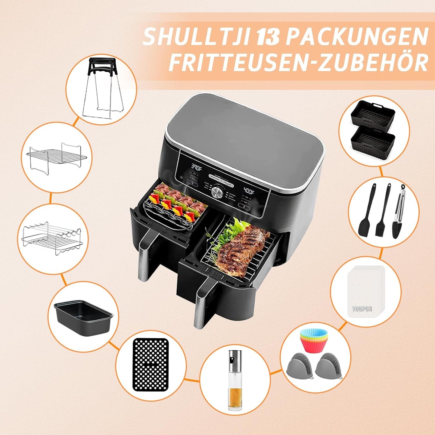 Heißluftfritteusen Zubehör Für Ninja Foodi AF400EU, AF300EU, Emerio, Princess, Innsky, COSORI, Tower 7,6L/8L/9L/9,5L Dual Zone Heißluftfritteuse, Silikoneinlagen&Grillroste&Backformen Usw, Schwarz
