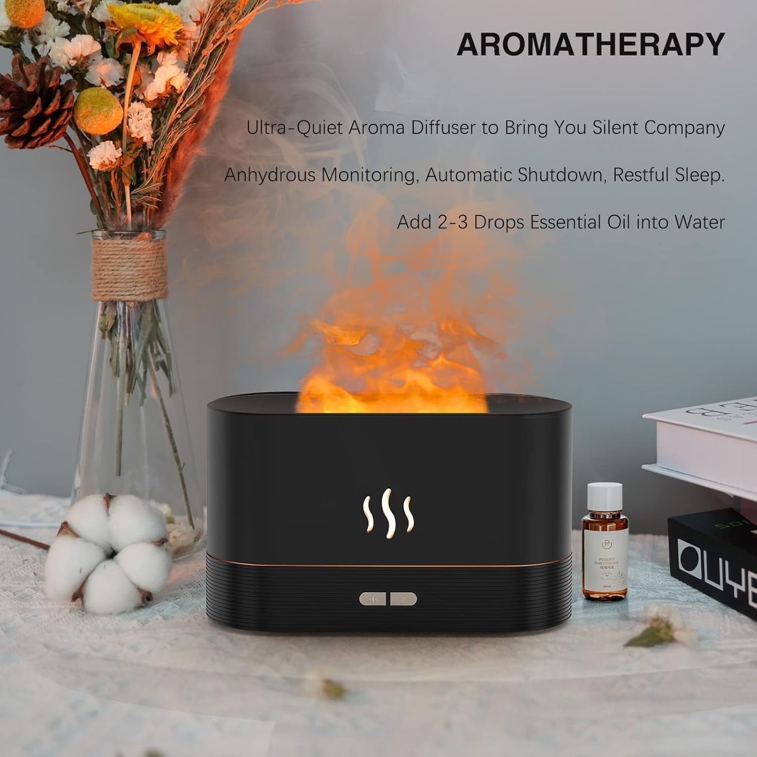 Jeebel Aroma Diffuser Mit Flammen Effekt - Diffusor Für Ätherische Öle Mit Ultraschall Vernebler, Wasserlose Abschaltautomatik - 180Ml Mini Luftbefeuchter Für Aromatherapie Im Schlafzimmer, Büro