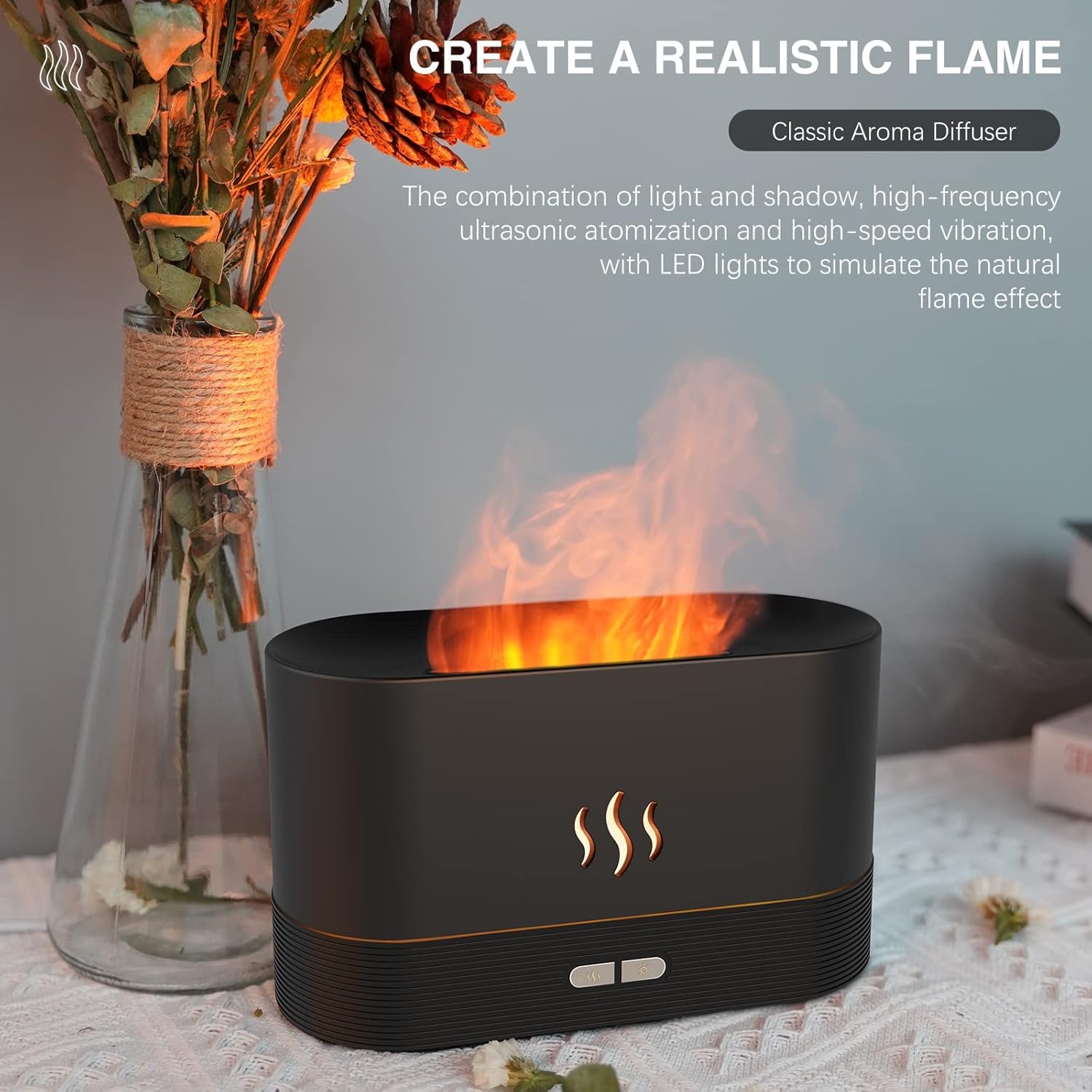 Jeebel Aroma Diffuser Mit Flammen Effekt - Diffusor Für Ätherische Öle Mit Ultraschall Vernebler, Wasserlose Abschaltautomatik - 180Ml Mini Luftbefeuchter Für Aromatherapie Im Schlafzimmer, Büro