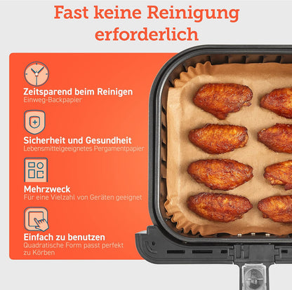 Cosori Backpapier Für Heißluftfritteuse XXL 4-7,3 L, 100 Stück 20 Cm, Ungebleichtes Airfryer Zubehör, Antihaftbeschichtete Einwegschalen, Pergamentpapier, Kompatibel Mit Gängigen Heißluftfritteusen