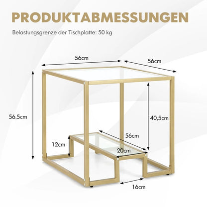 Beistelltisch Mit Glas Tischplatte & Metallrahmen Quadratisch 56 X 56 X 56,5 Cm Gold