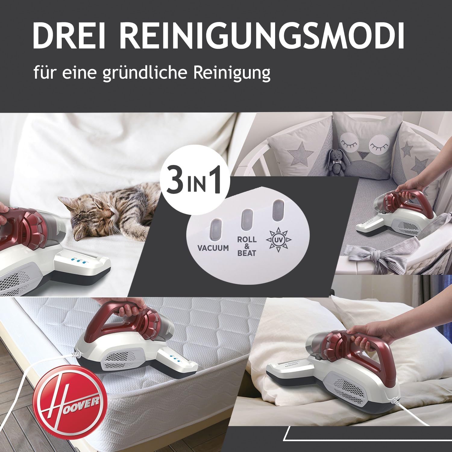 Hoover Ultra Vortex Milbensauger Mit Uv-Licht, Bekämpft Bettwanzen – Polsterreiniger Entfernt 99,9% Bakterien, Allergene, Staub-Milben – Matratzenreiniger Für Hygienische Reinigung, Für Allergiker