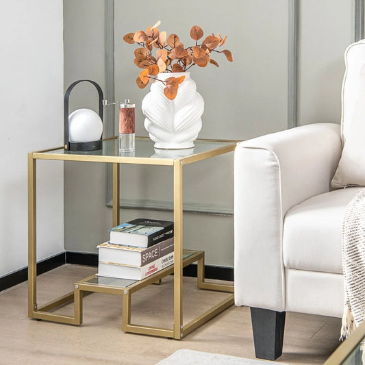 Beistelltisch Mit Glas Tischplatte & Metallrahmen Quadratisch 56 X 56 X 56,5 Cm Gold