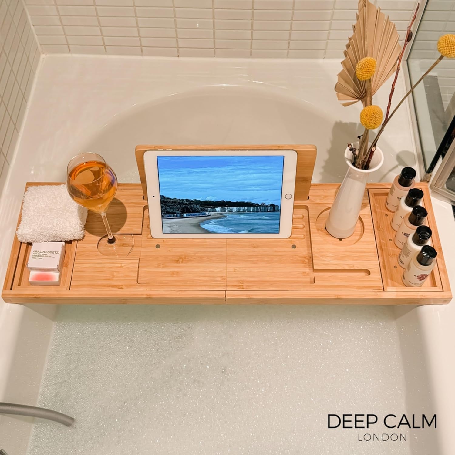 Badewannenablage - Verstellbares Bambus-Badewannenbrett - Rutschfeste Badewannenablage Passend Für Die Meisten Badewannen - Hält Buch, Ipad, Telefon, Glas, Kerze (Natural)