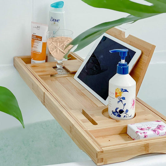 Badewannenablage - Verstellbares Bambus-Badewannenbrett - Rutschfeste Badewannenablage Passend Für Die Meisten Badewannen - Hält Buch, Ipad, Telefon, Glas, Kerze (Natural)